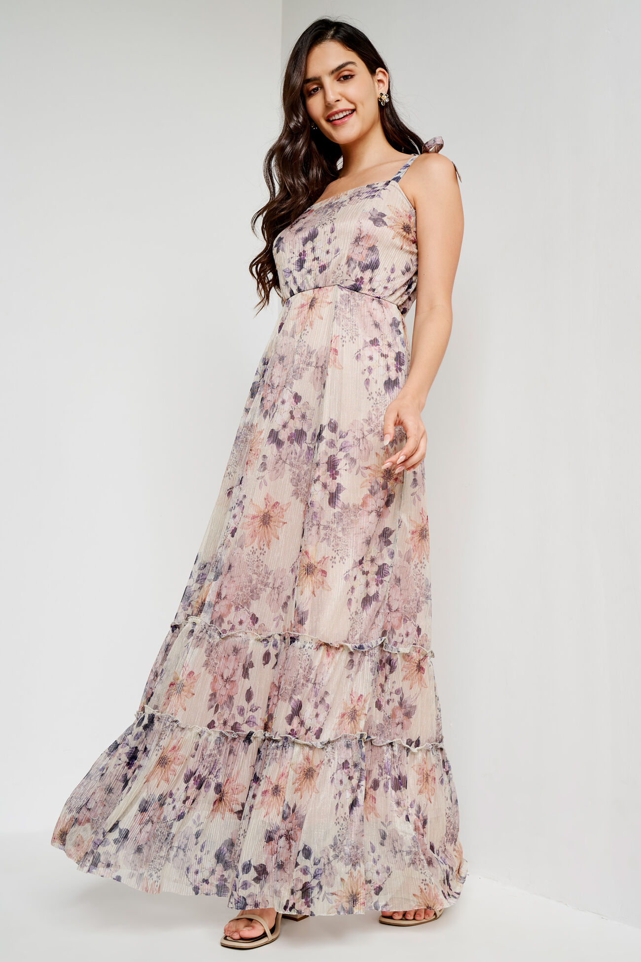 Multi Color Floral Flared Gown, Multi Color, image 1